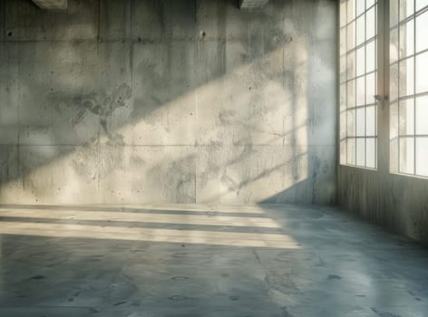 Empty loft room interior design with walls, floor, window and sunlight..