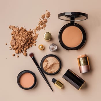 Make-up cosmetic product, beauty products and cosmetics swatch sample flatlay, various makeup brand tools as glamour fashion night out background idea