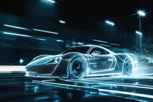 A futuristic car is shown in a city street with bright lights. The car is a sleek, high-tech design that seems to be in motion, giving the impression of speed and power