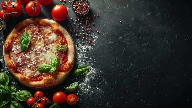 Banner with Free Space Surrounded by Spices Cheese Tomatoes Basil and Pizza Concept Culinary Ingredients and Food Design.