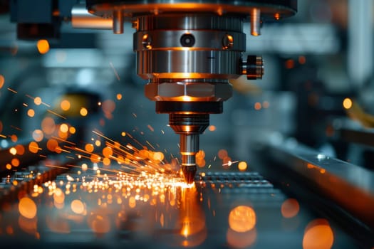 A machine is cutting through metal with sparks flying. Concept of danger and excitement, as the sparks and heat from the machine create a dramatic and intense scene