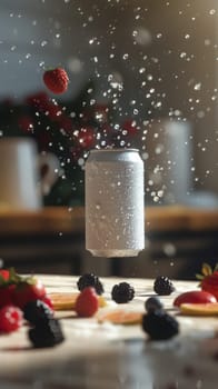 Close-up of a chilled soda can with berries and water droplets in motion, dynamic beverage photography concept.