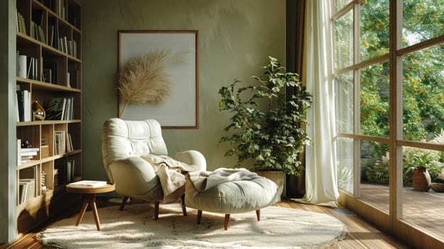 Cozy Reading Nook with Muted Colors Concept Light Olive Armchair Soft Cream Throw and Beige Rug for Harmonious and Cohesive Look.