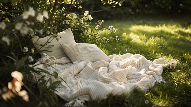 Cozy outdoor setting with blankets and pillows in a garden, serene and relaxing atmosphere. Outdoor comfort and leisure concept.