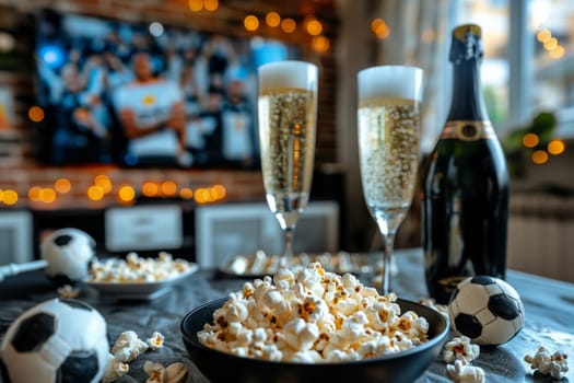 A bowl of popcorn and a glass of beer on a table. The scene is casual and relaxed, perfect for a movie night or a night in with friends