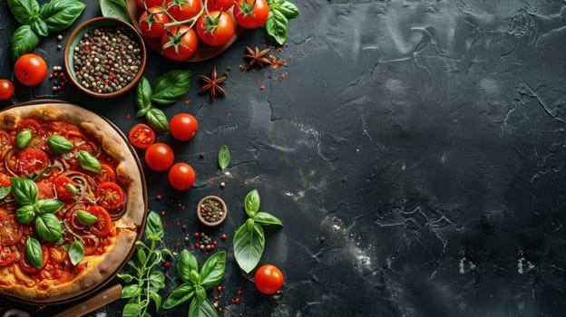 Banner with Free Space Surrounded by Spices Cheese Tomatoes Basil and Pizza Concept Culinary Ingredients and Food Design.