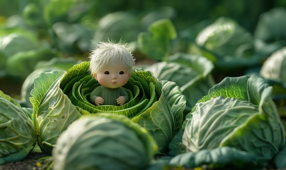 3D cartoon, a child in a head of cabbage. Selective focus.