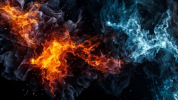 A vibrant blue and orange fire against a stark black background, creating a striking contrast and dynamic visual effect.