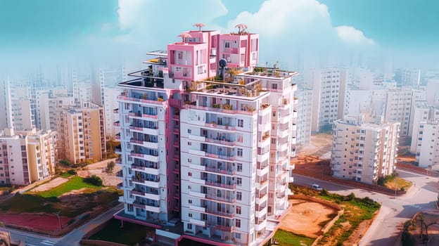 A large pink building with a green roof sits in front of a city skyline. The building is surrounded by other buildings, and the city appears to be a mix of residential and commercial areas