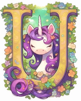 Illustration of a unicorn and the letter "U", learning the alphabet. Selective focus.