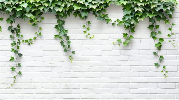 Green ivy vines on white brick wall, minimalist design. Nature and decor concept.