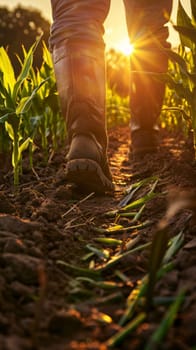 Farmer walking through cornfield at sunset, close-up of boots. Agriculture and rural lifestyle concept.