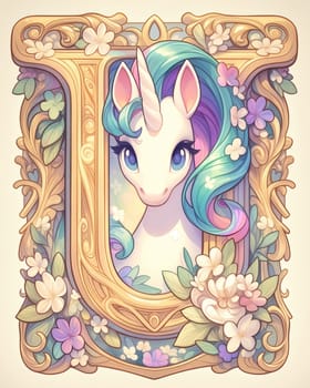 Illustration of a unicorn and the letter "U", learning the alphabet. Selective focus.