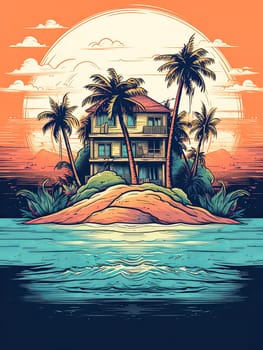 A house is on a small island in the ocean. The house is surrounded by palm trees. The sky is orange and the water is blue