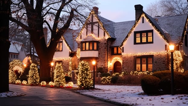 Christmas at the manor, English countryside style estate in winter with garden and festive exterior landscape decor