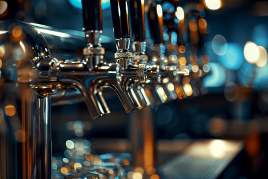 Closeup of beer tap handles lines in a bar against a dark background.