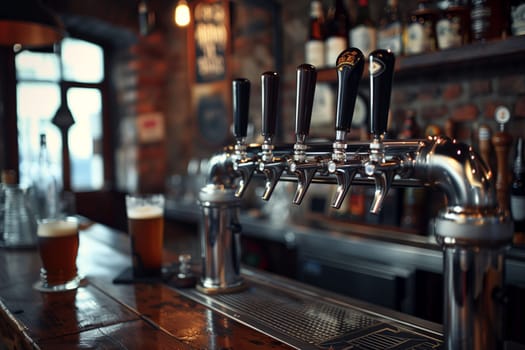 Closeup of beer tap handles lines in a bar against a dark background.