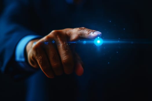 Human Hand Pointing at Something . Glowing Light Effect, Illuminated Particles with lots of Dots. Digital and Artificial Intelligence Concept.