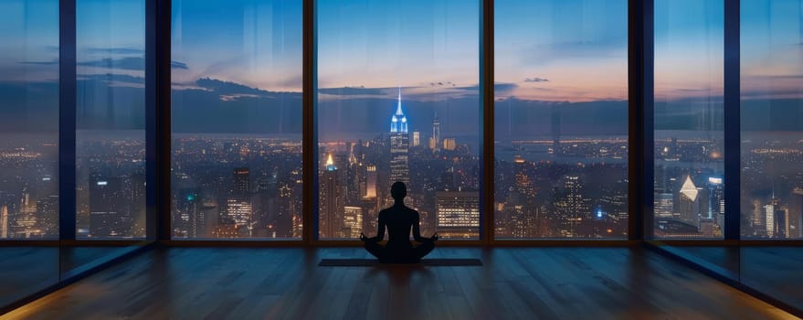 Person meditating in high-rise building with city skyline view at dusk. Urban mindfulness and relaxation concept.