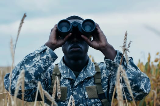 Black Soldier Scanning Horizon with Binoculars in Rural Field..