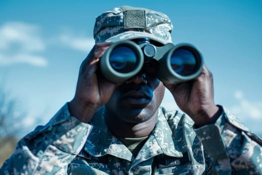 Black Soldier Scanning Horizon with Binoculars in Rural Field..