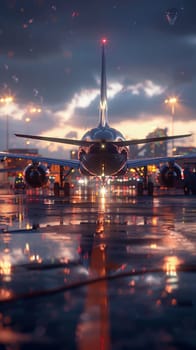 A large airplane is sitting on a wet runway. The reflection of the plane in the water creates a sense of depth and movement. The scene is set against a cloudy sky