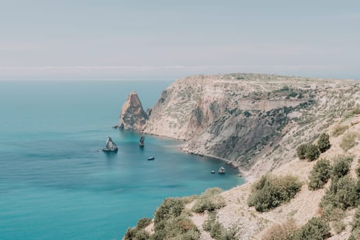 Aerial panoramic view of beautiful sunset above sea. Beautiful seascape. Sun glare, small waves on the water surface. Evening. Horizon. Nobody. No people. Copy space. Never-ending beauty of nature