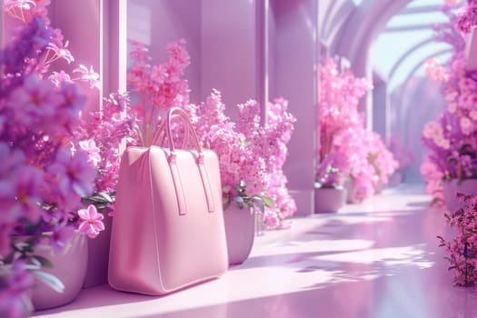 A pink bag is displayed in a room with pink flowers. The bag is placed on a table and the flowers are in vases. The room has a pink and white color scheme, giving it a feminine and elegant feel