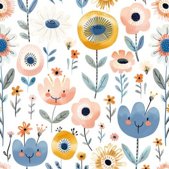 A colorful flower pattern with cartoon faces on them. The flowers are arranged in a way that they look like they are smiling. Scene is cheerful and happy