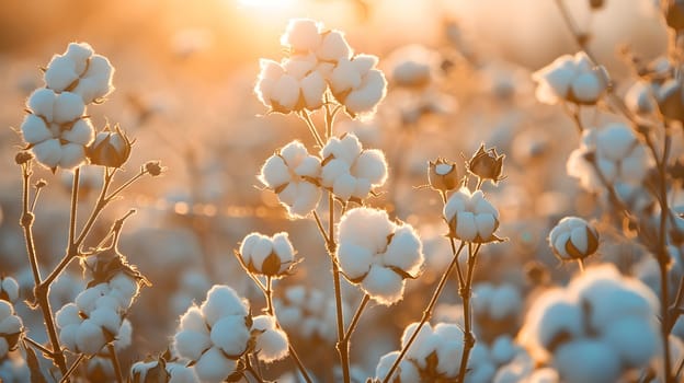 A field of cotton flowers under the morning sun, casting a golden light on the petals. A beautiful natural landscape filled with blooming plants