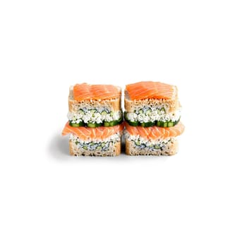 Breakfast sushi sandwich sushi rice pressed between two slices of bread and filled with smoked. Food isolated on transparent background.