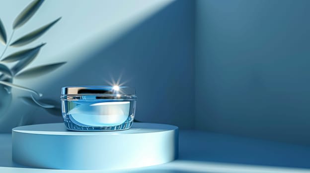 Cosmetic cream in a glass jar on a blue backdrop. Skin care concept. Background for beauty products