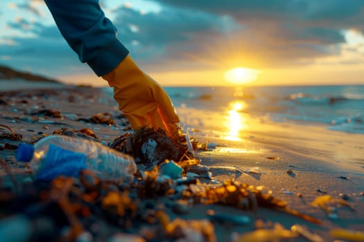 Volunteer hand with gloves collect micro plastics collects plastic from beach sand. Environment, pollution, plastic waste concept..