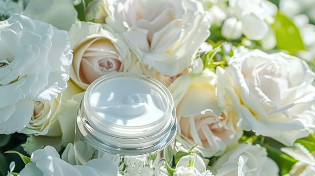 Cosmetic branding, toiletries and skincare concept. Face cream moisturizer jar on floral background, moisturizing skin care lotion and lifting emulsion, anti-age cosmetics for luxury beauty brand