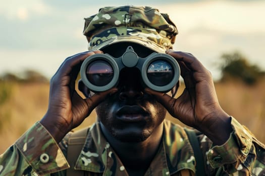 Black Soldier Scanning Horizon with Binoculars in Rural Field..