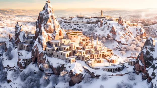 A snowy mountain with a village on top. The village is small and has a lot of buildings. The buildings are made of stone and have a lot of arches. The village is surrounded by snow and the mountains