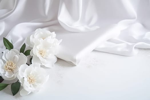 Floral composition. White flowers on white fabric. Flat lay, top view, copy space.