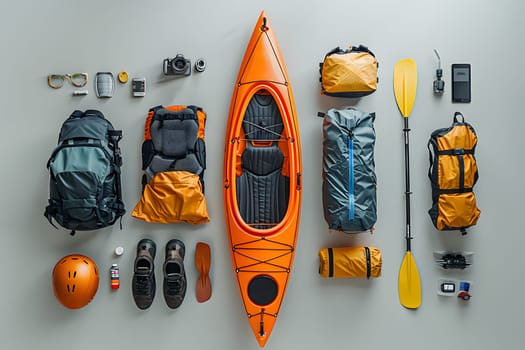 An electric blue kayak is surrounded by camping equipment including tires, sports equipment, toys, accessories, and art. The plastic watercraft stands out among the automotive tires