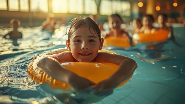 Portrait of little kids having fun in swimming pool in summer with a empty space,.
