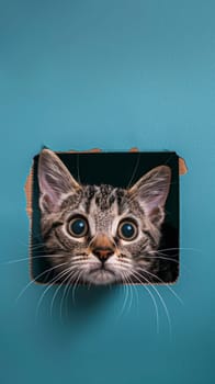 Curious tabby kitten peeking through a hole in a cardboard box against a teal background. Adorable pet and playful animal concept.