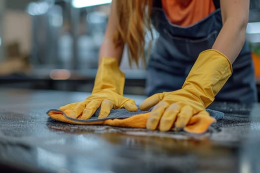 A woman is cleaning a table with a towel. She is wearing an apron and gloves. The table is covered in a white powder