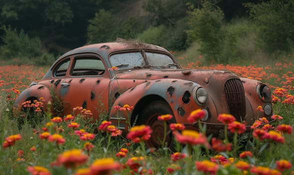 An old red car in a field surrounded by flowers. Selective focus