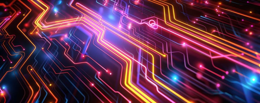 Colorful neon futuristic circuit board background, digital technology concept.