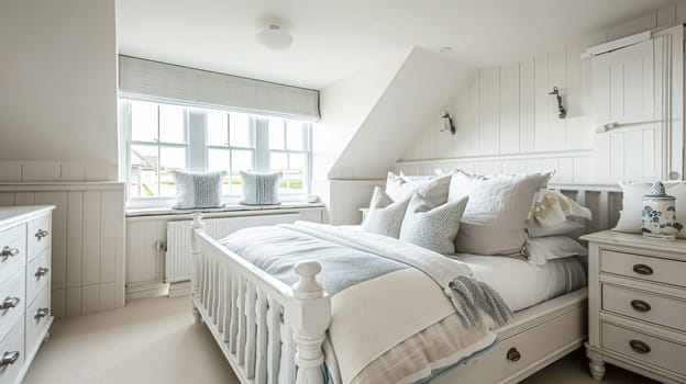 Beautiful interior of luxury bedroom with window sea view. Coastal cottage concept. High quality photo