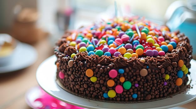 Birthday cake with candles and flowers on the table. Selective focus.