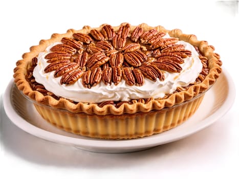 Pecan pie with gooey filling crispy crust and whipped cream. Food isolated on transparent background.