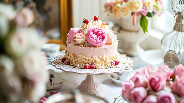 Birthday cake with candles and flowers on the table. Selective focus.