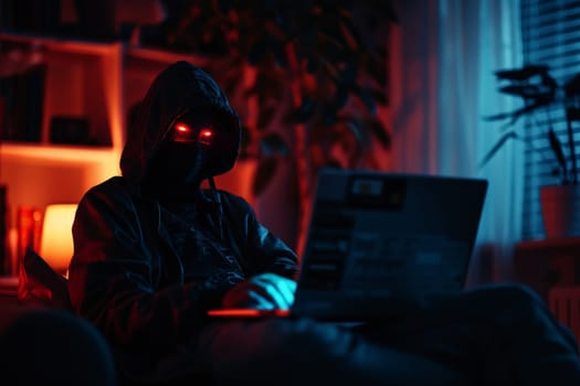 Hooded hacker with red eye using computer in dark room. Cybercrime concept..
