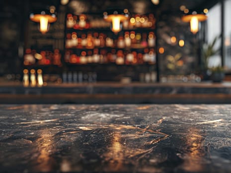 A bar with a counter top and a few bottles on it with copy space.