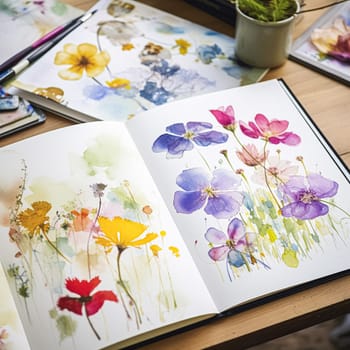 Watercolour painting of wildflowers in a sketchbook, surrounded by an array of watercolour paints and brushes on a wooden table, hobby and craft idea